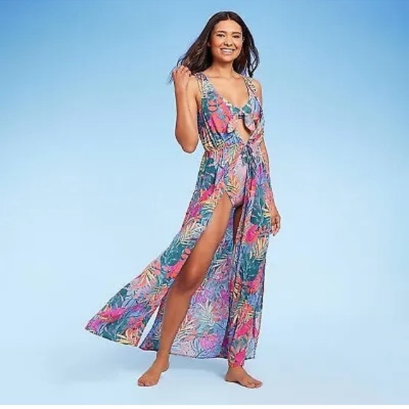 NWT Kona Sol Sleeveless Cover Up Maxi Duster - Tropical Print - size L/XL - Picture 1 of 7